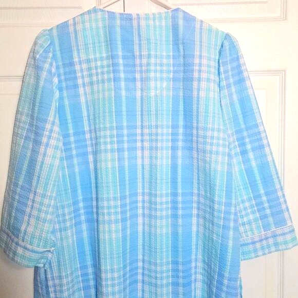 Miss Elaine Seersucker Long Robe Blue Plaid Floral Medium Loungewear Nightgown‎ - Picture 9 of 10